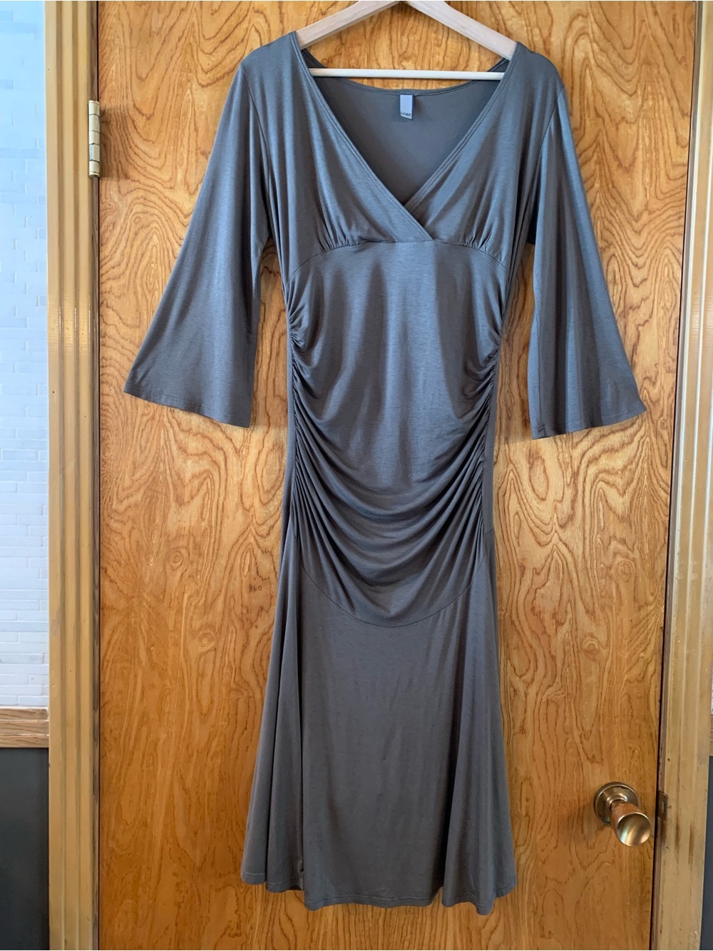 Women's Olive Ruched V-Neck Midi Dress by I. NER
